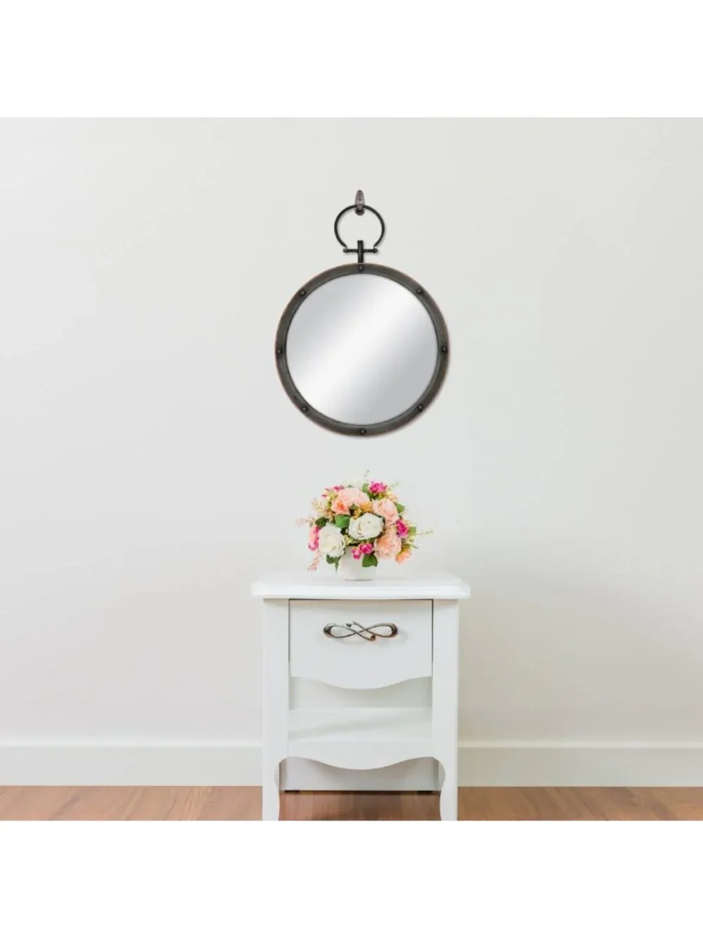 Rustic Bronze Round Metal Mirror with Rivet Detail & Hanging Ring, 21.1